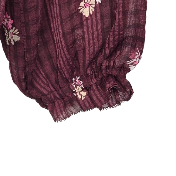 Ann Taylor Womens Burgundy Floral Ruffle Neck Shirred Chiffon Blouse Size Small - Picture 4 of 10